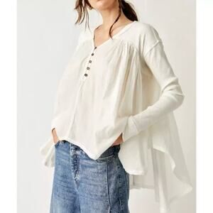 NEW Size Small Free People White Cotton Oversized Henley Lyrical Tunic Blouse